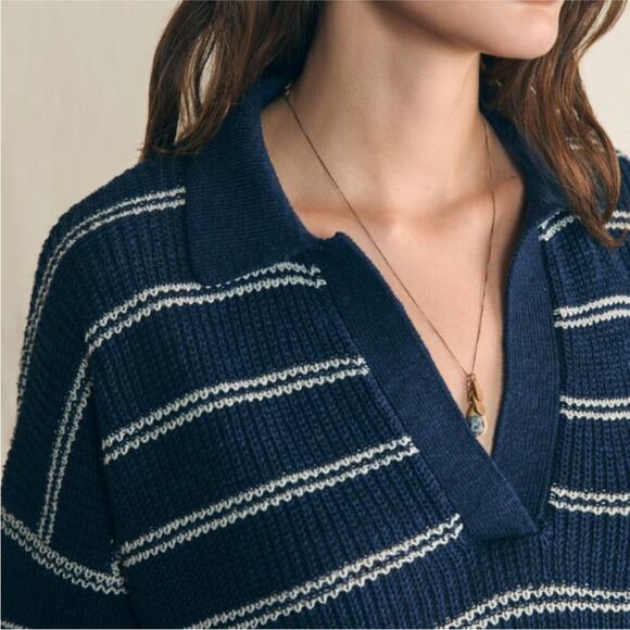 Faherty Miramar Linen Polo Sweater Navy Mystic and Cream Striped M - Picture 2 of 10